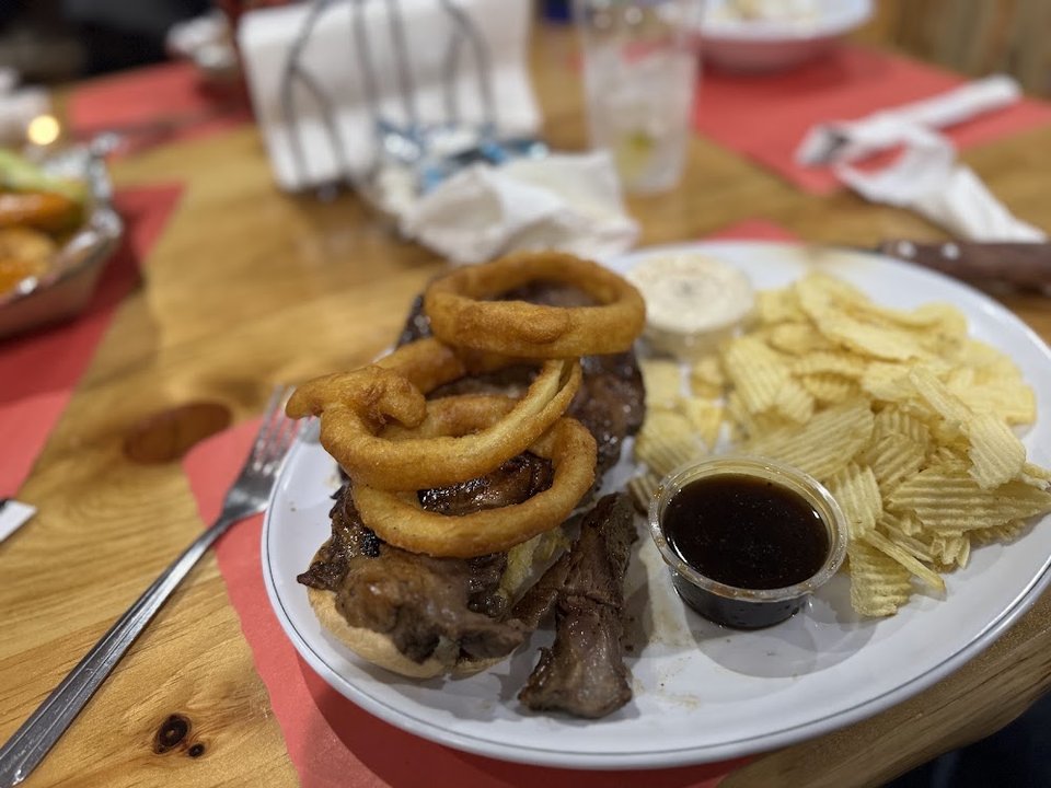 Grilled Meat with Onion Rings and Chips